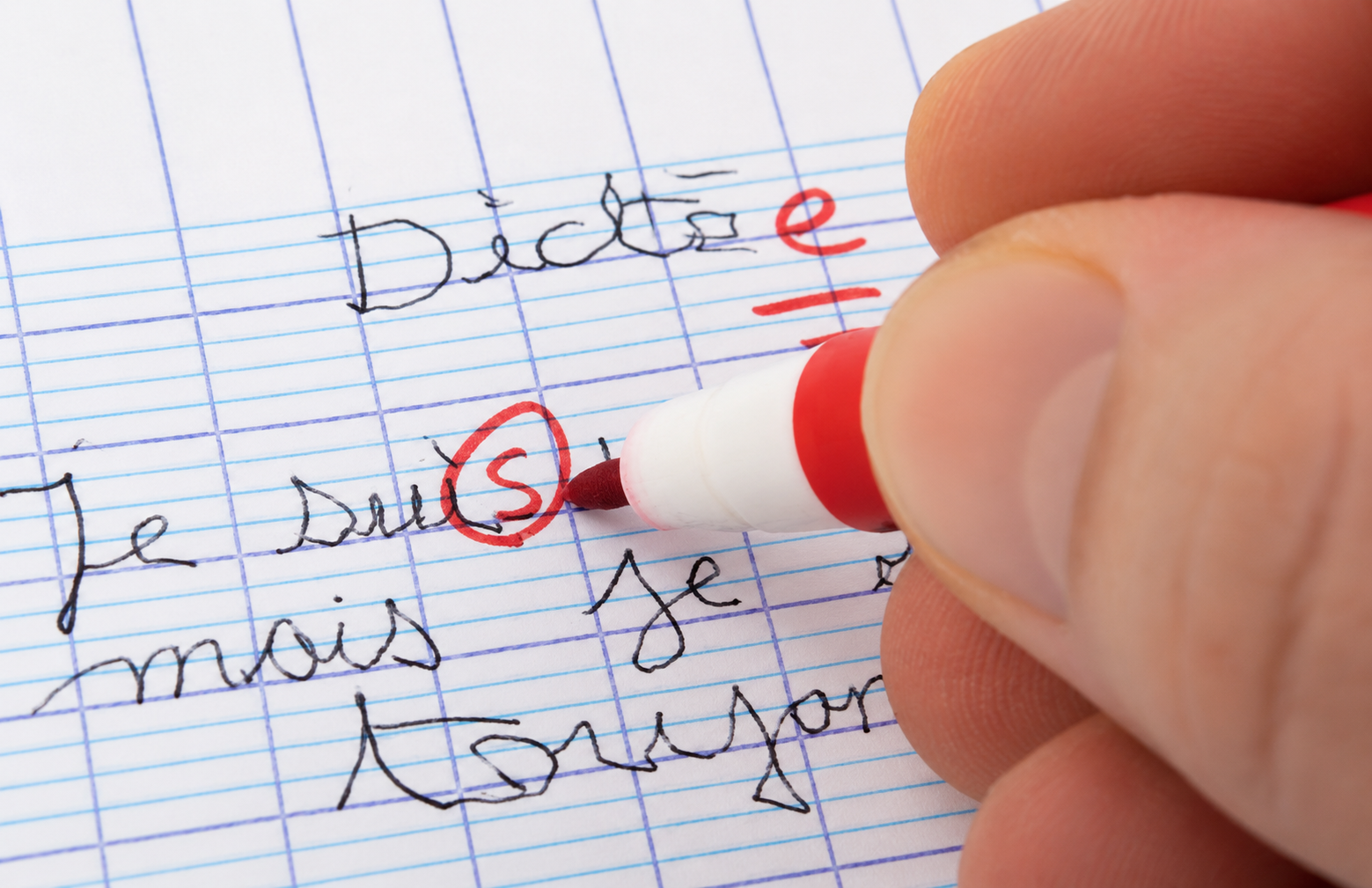 Copie de dictée corrigée au stylo rouge, avec un mot entouré